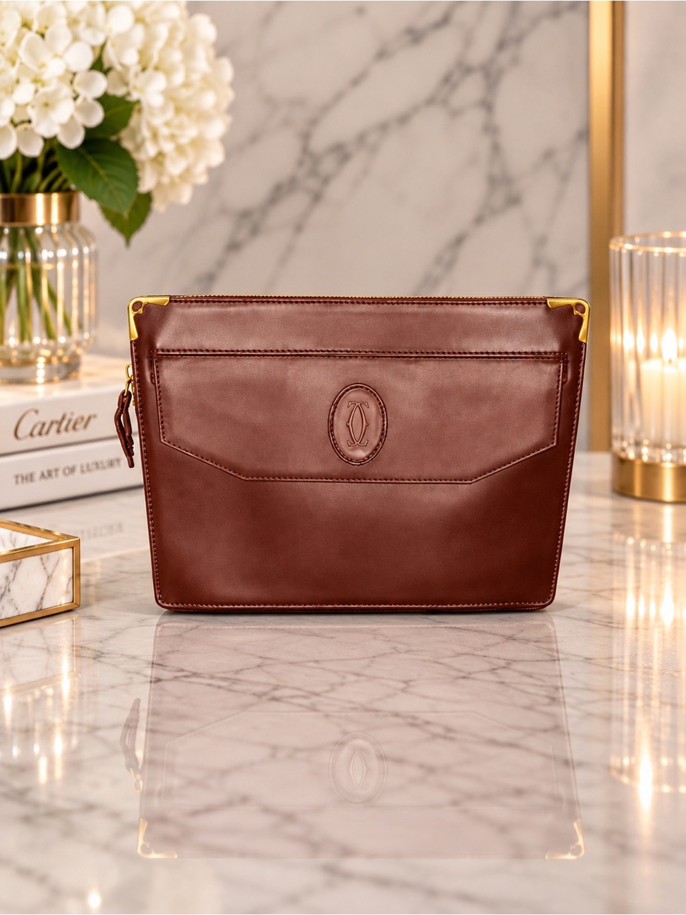 Cartier Vintage Bordeaux Leather Cosmetic Bag Toiletry Pouch COA & Dust Bag